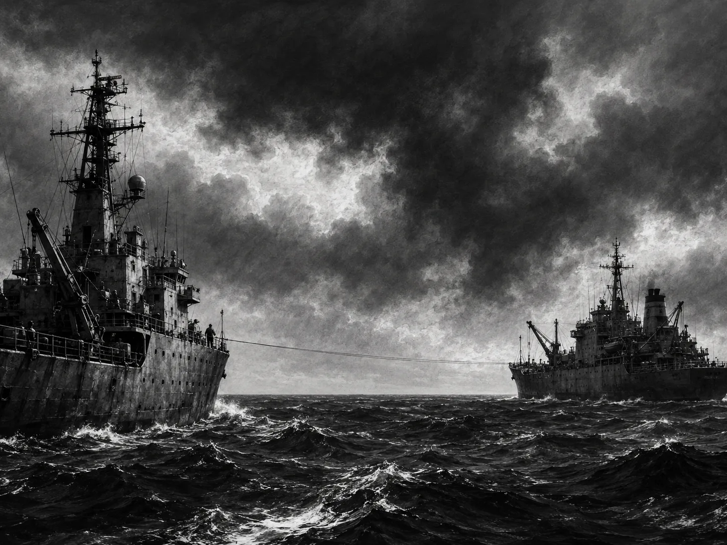 Twee schepen op ruwe zee onder een zwaar bewolkte hemel, verbonden door één enkele dunne lijn die van het dek van het ene schip naar het andere is gespannen.